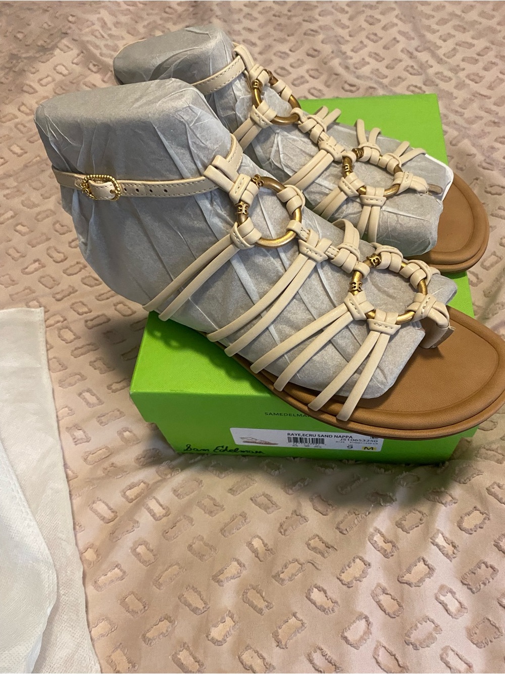 Sam Edelman Cream Strappy Sandals with Gold Ring Accents